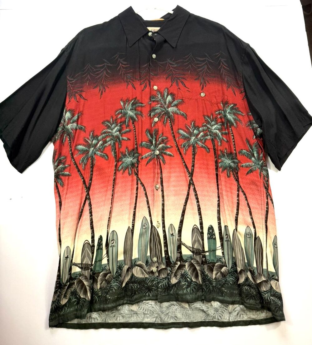 Campia Moda Hawaiian Shirt Mens Large Black Red Rayon Palm Trees Surfboards L